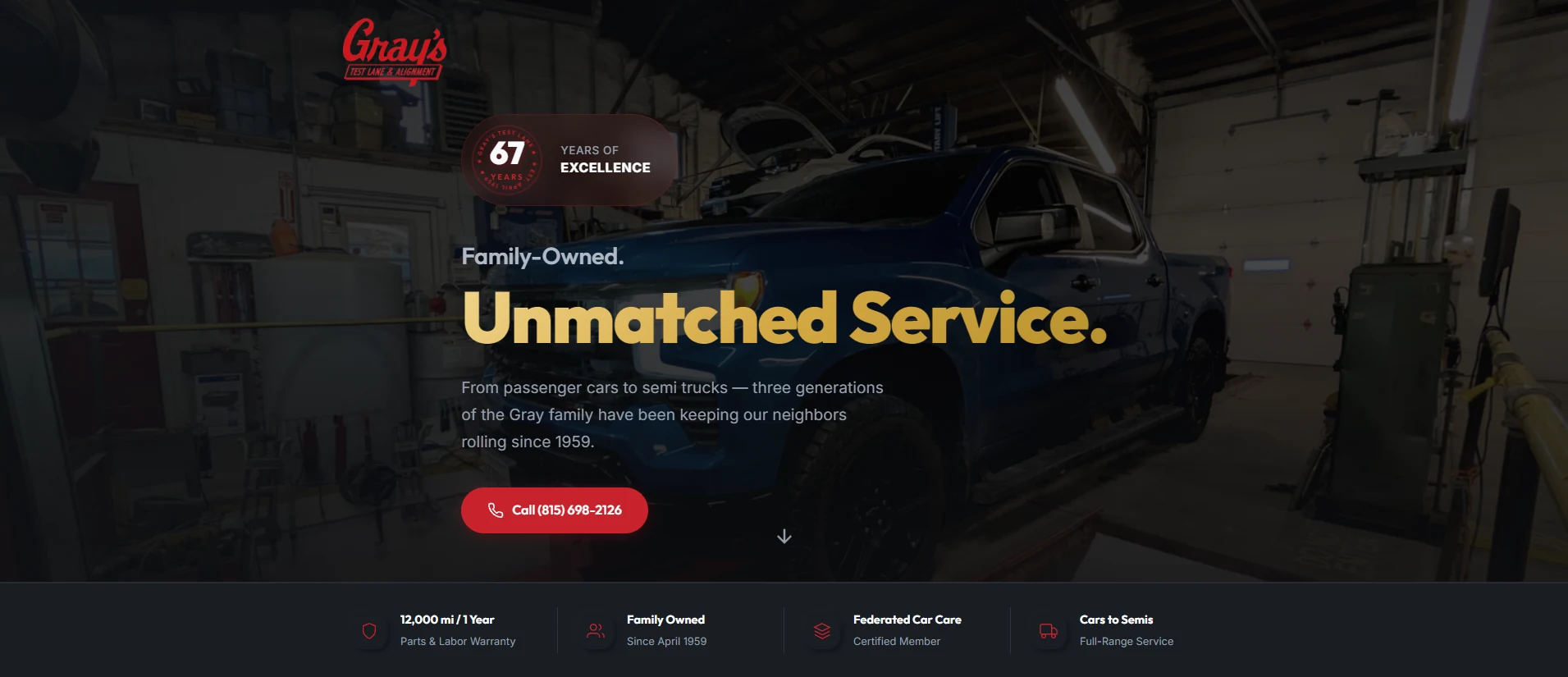 Gray&rsquo;s Test Lane and Alignment homepage, hero photograph of a truck on a lift in the shop
