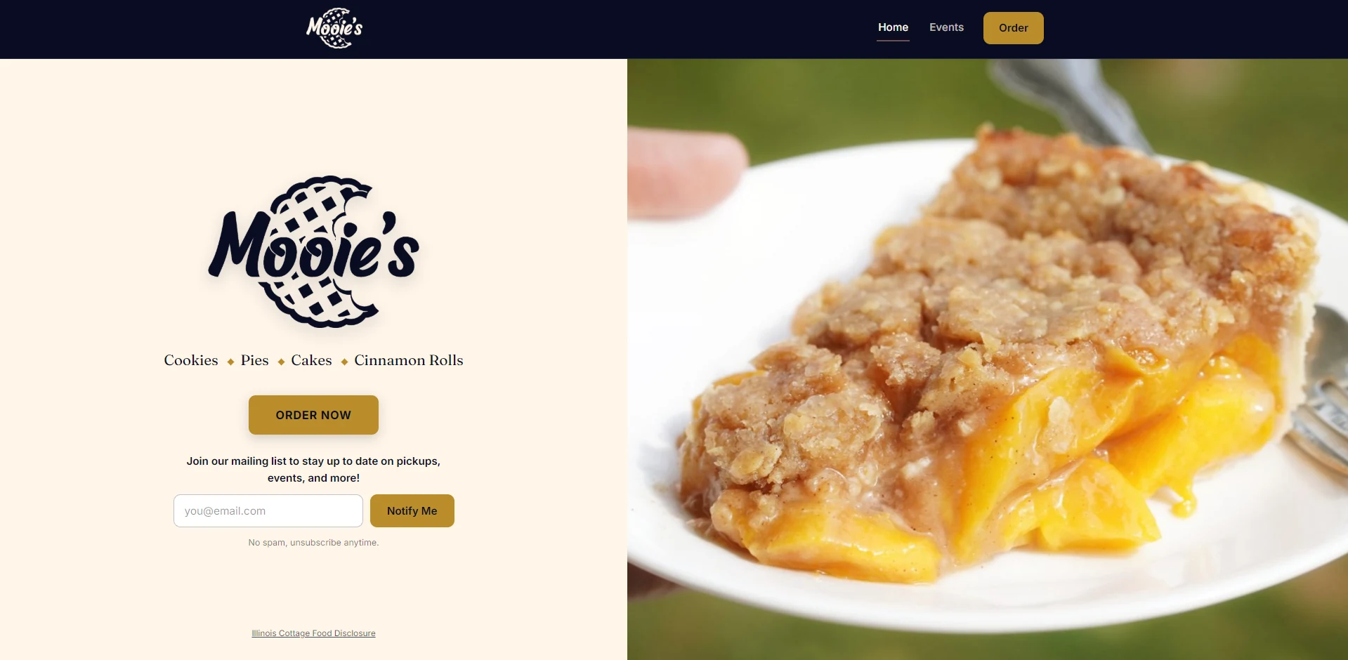 Mooie&rsquo;s bakery homepage with the logo, product list and order call to action beside a photograph of peach pie