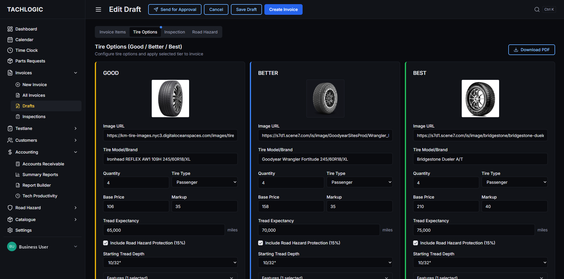 TachLogic shop management software, building a tire quote in good, better and best tiers on an invoice draft